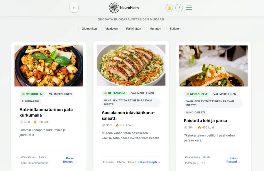 Recipe database with protocol and allergen filters