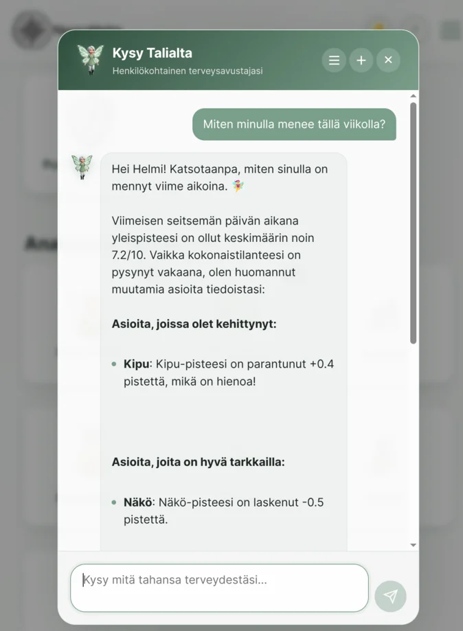 Talia AI chat – weekly summary of fatigue, sleep and pain trends